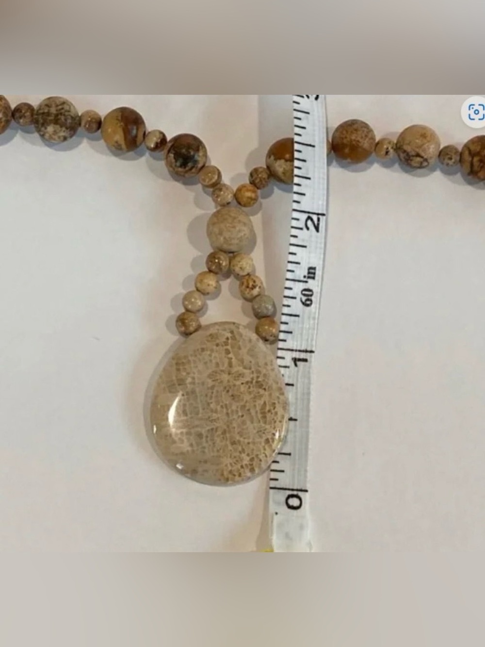 Hand Crafted Picture Jasper Beaded Necklace & Fossil Coral Pendant 25" 8mm NWT - Picture 5 of 5